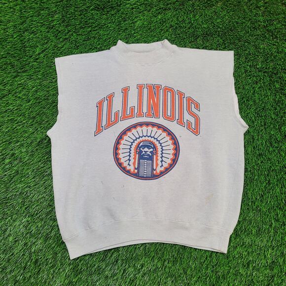 VTG Illinois Chief Sleeveless Cut Off Sweatshirt XL Boxy Cropped Fit - Picture 1 of 9